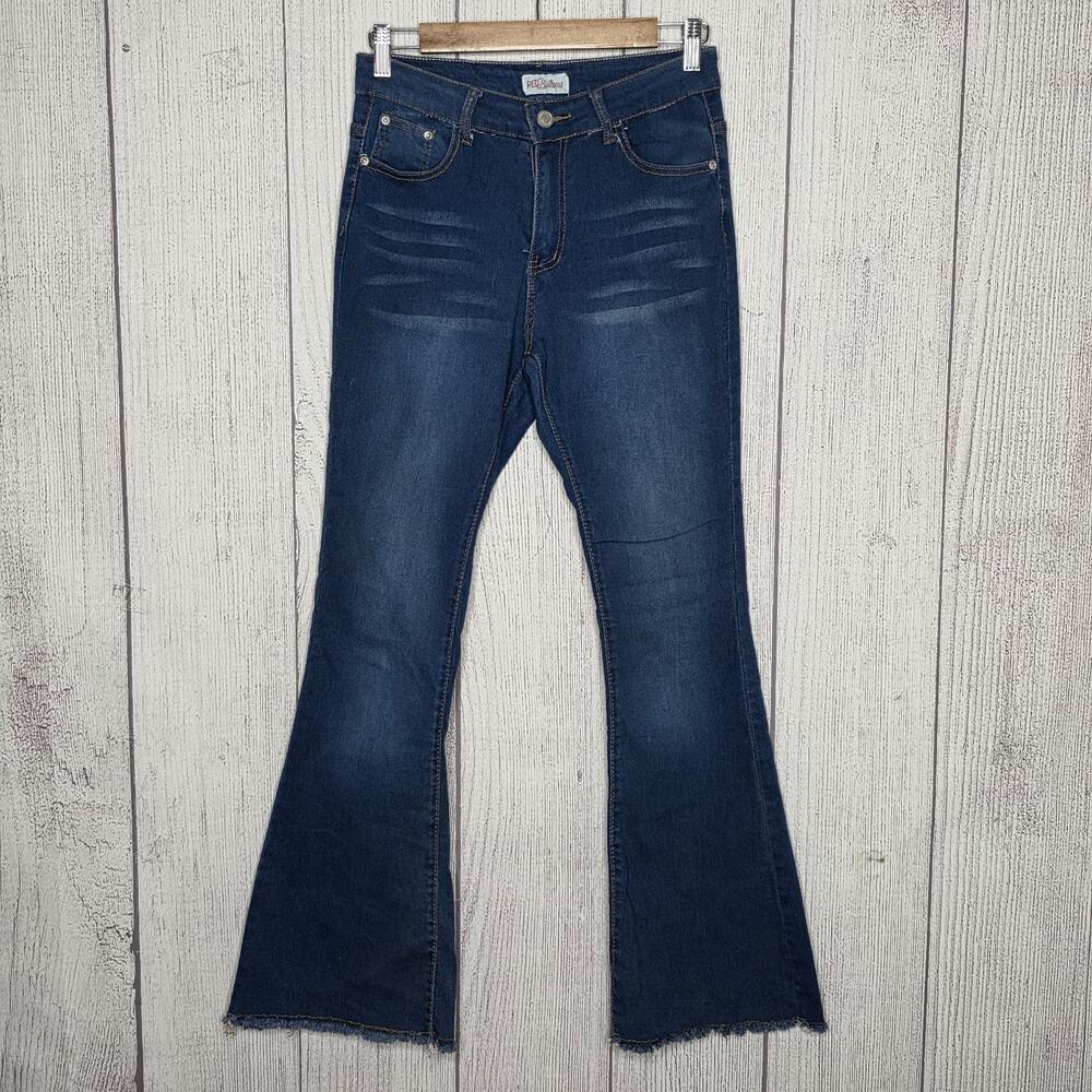 Red Bottoms Flare Jeans Womens Mid Rise Raw Hem Dark Wash, sz 9/29